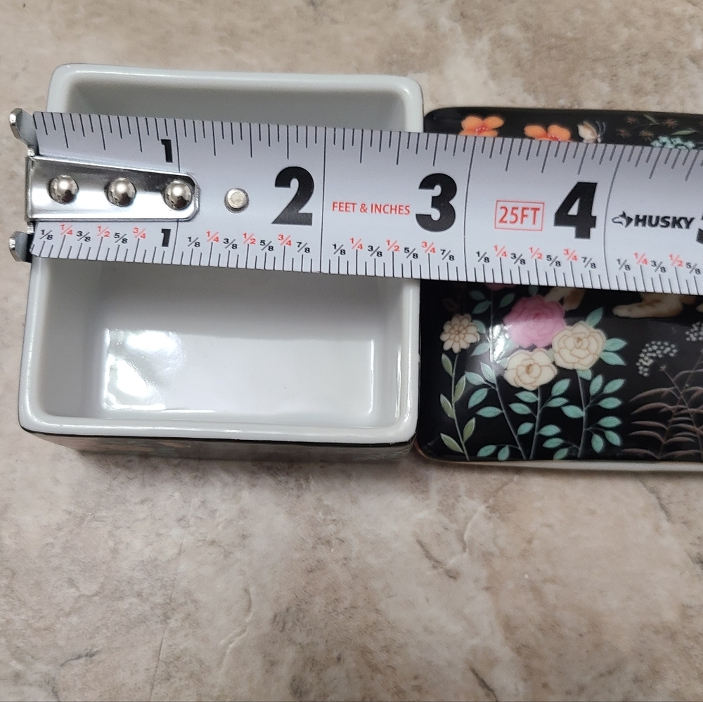 Vintage Floral Tabby Cat Porcelain Black Trinket Jewelry Box With Lid - Picture 7 of 8
